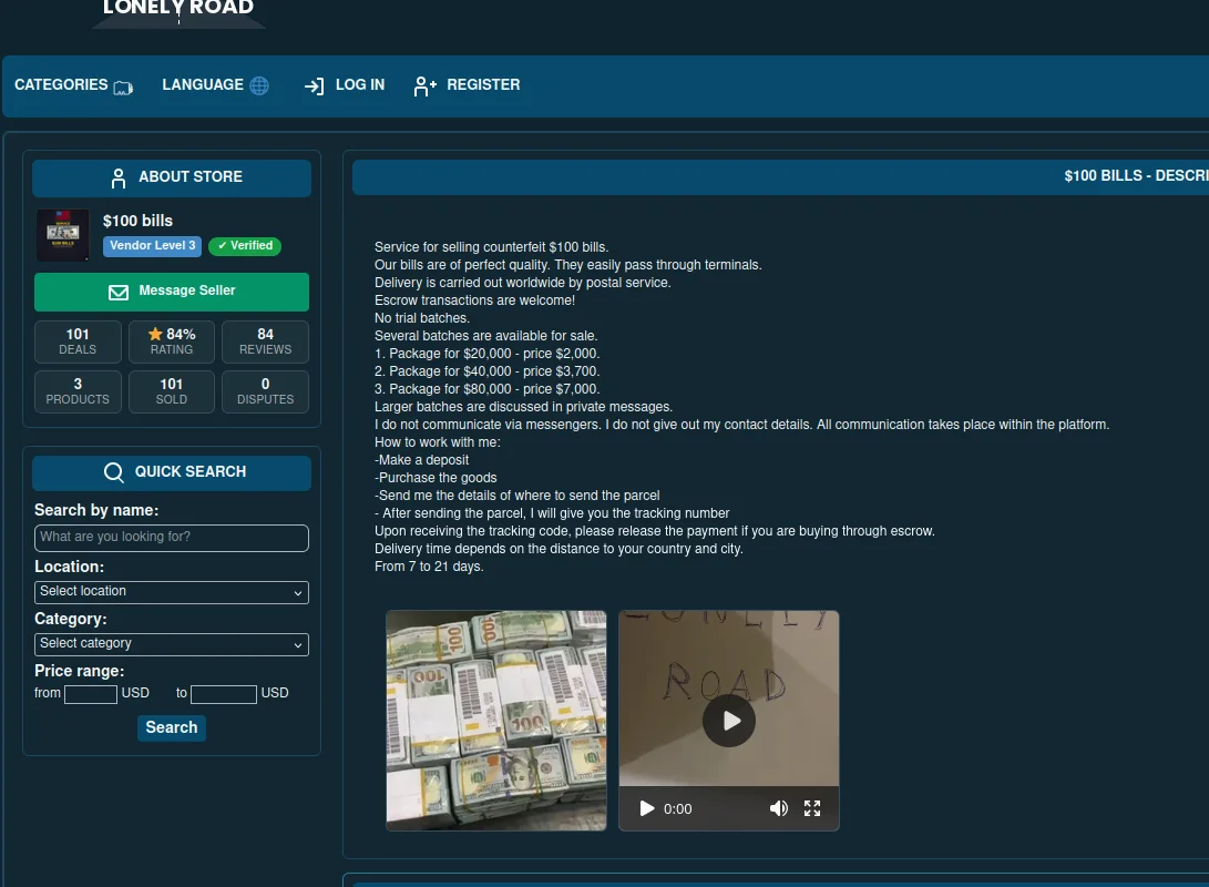 Darknet marketplace interface selling fake money darknet like counterfeit $100 bills