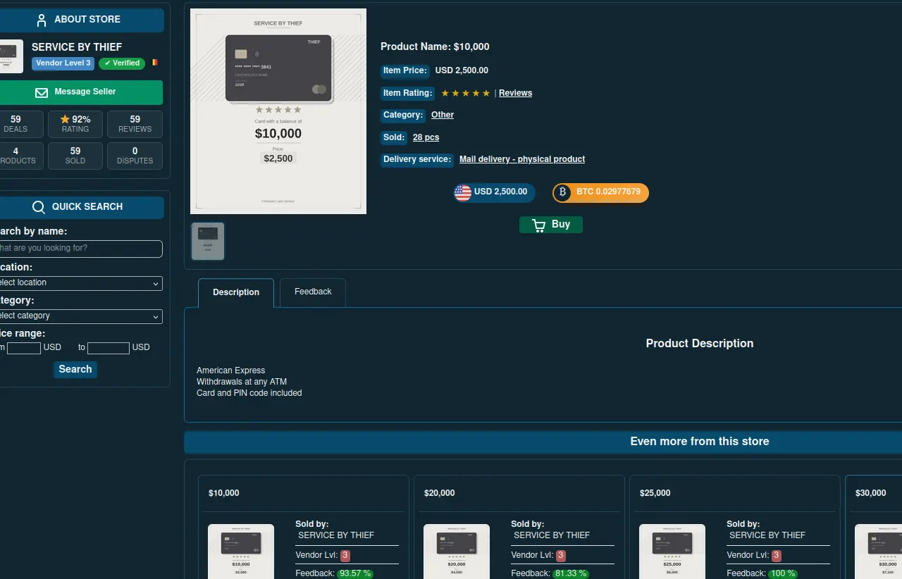 darknet marketplace cloned card listings interface
